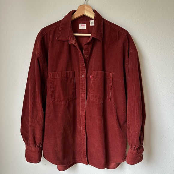 Levi’s Oversized Corduroy Shirt Rust Pleated Button Down Warm Boyfriend Shirt S - Picture 1 of 5